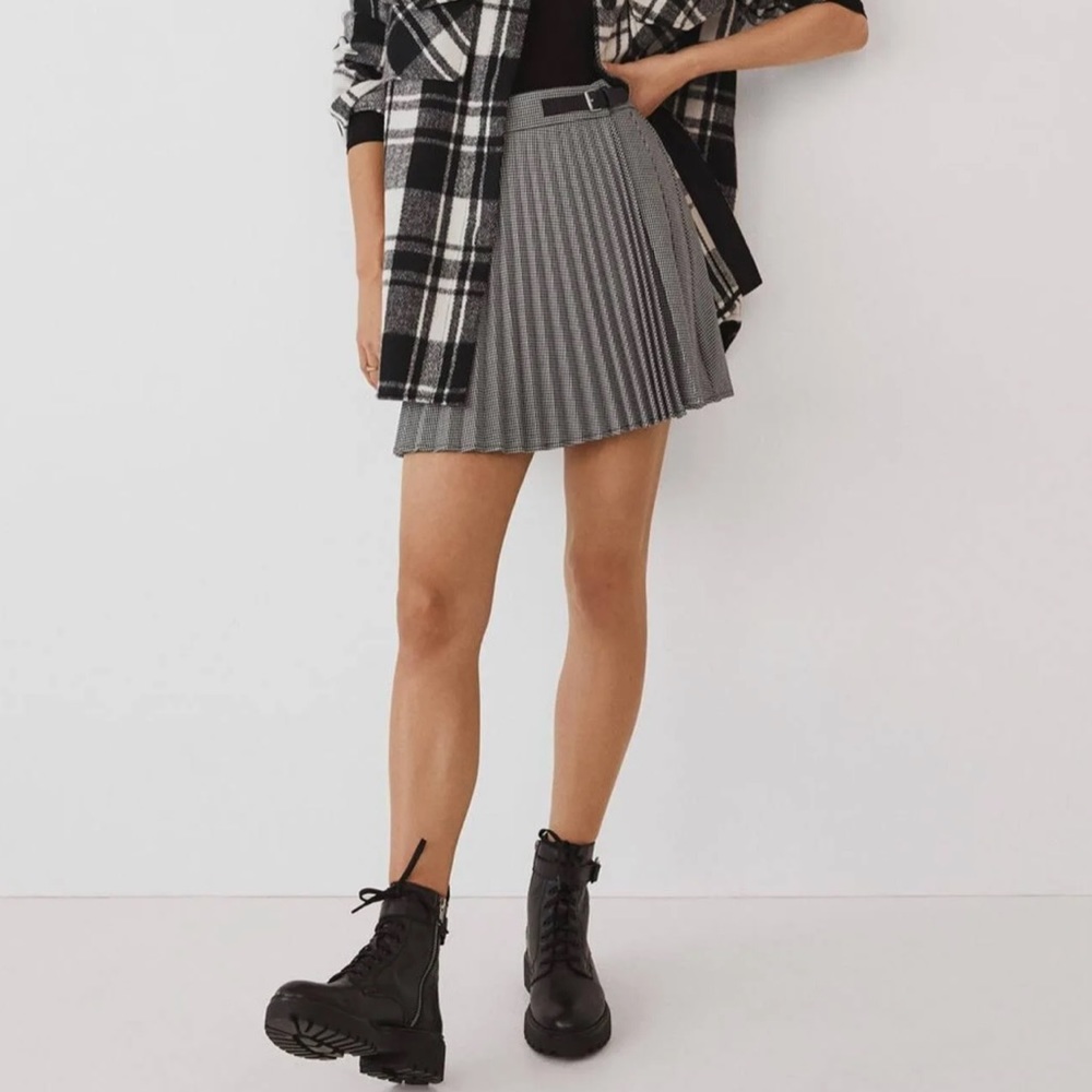 Pleated Plaid Mini Skirt with Buckle